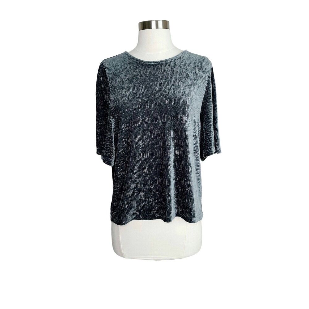 Madewell Texture & Thread Top M Green Crinkle Velvet Flutter Sleeve Blouse